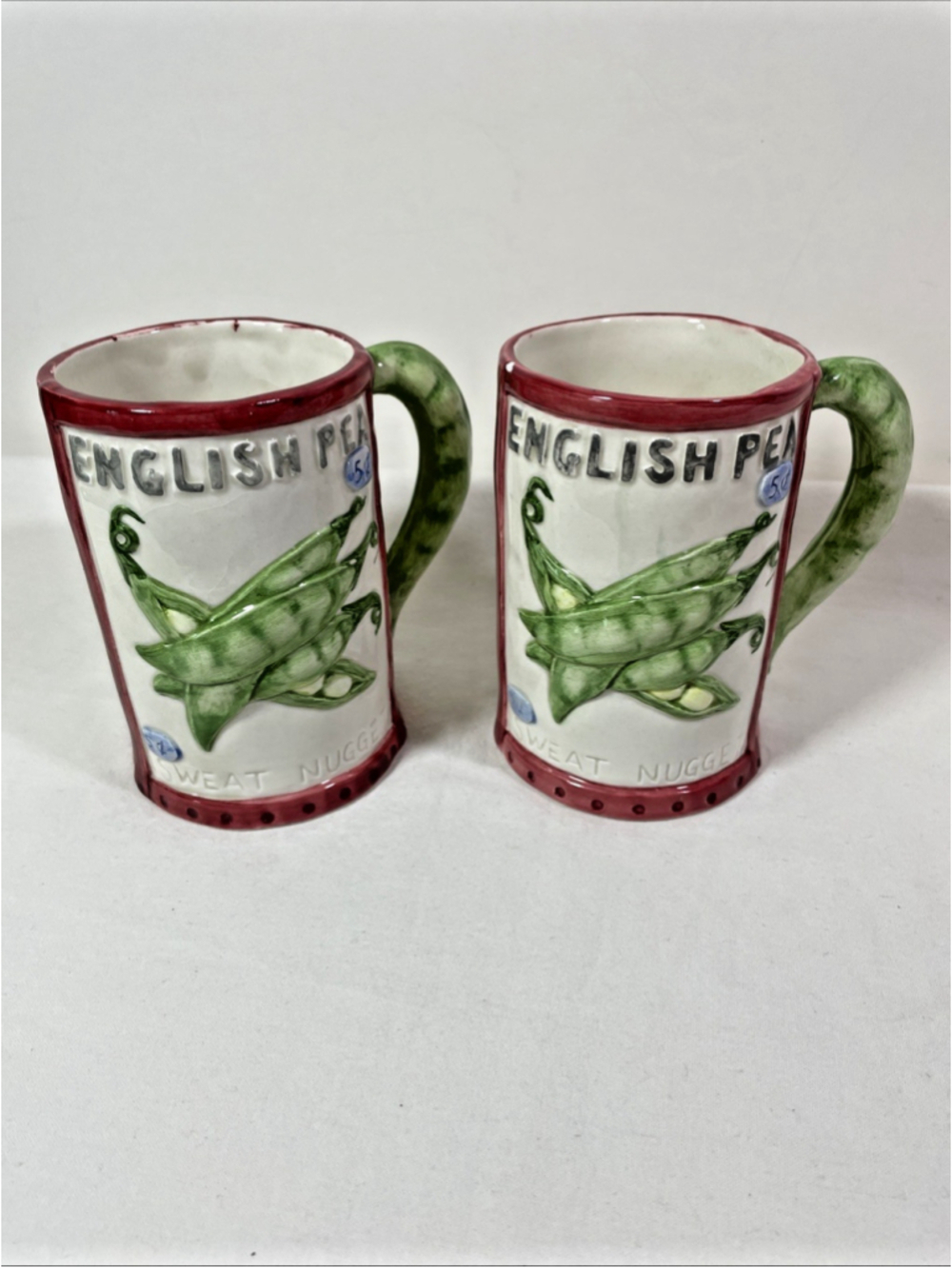 Vintage 1993 FITZ & FLOYD OMNIBUS Farm Themed English Pea Pod Mugs Cups Set of 2